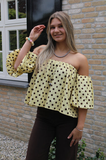 Off shoulder polkadot top - geel bruin - At Styles