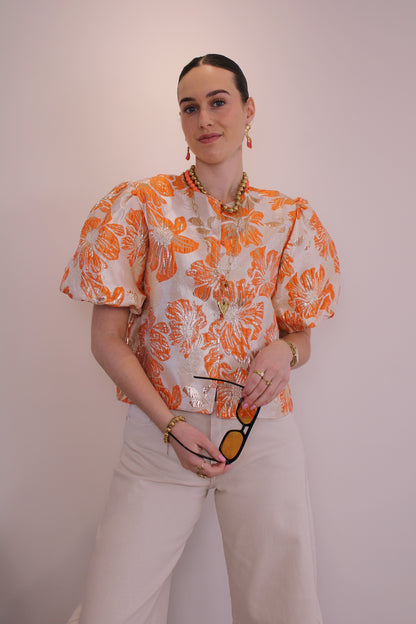 Bloemen top pofmouw - oranje - At Styles