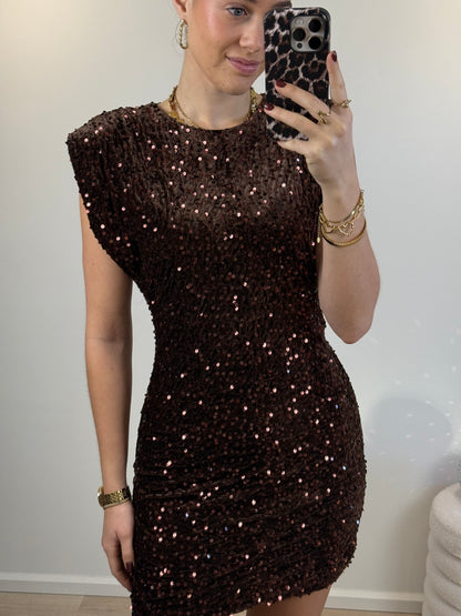 Glitter jurkje met schoudervulling - bruin
