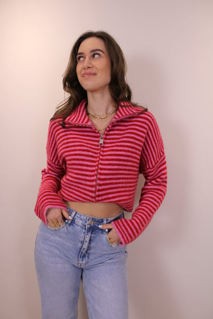 Gestreepte trui/vest met rits - roze/rood