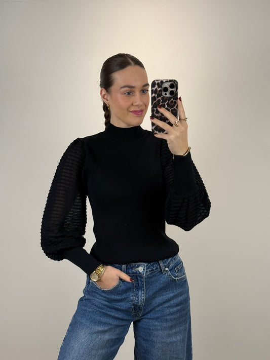 Top met col en mesh mouwen - zwart