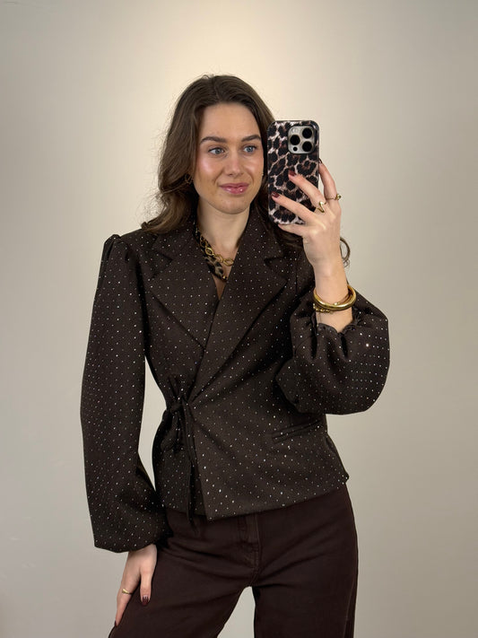 Strik blazer met strass steentjes - bruin