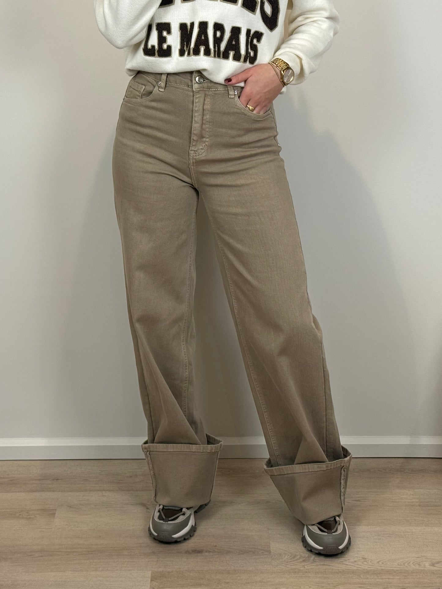 High waist - wide leg stretch jeans - beige