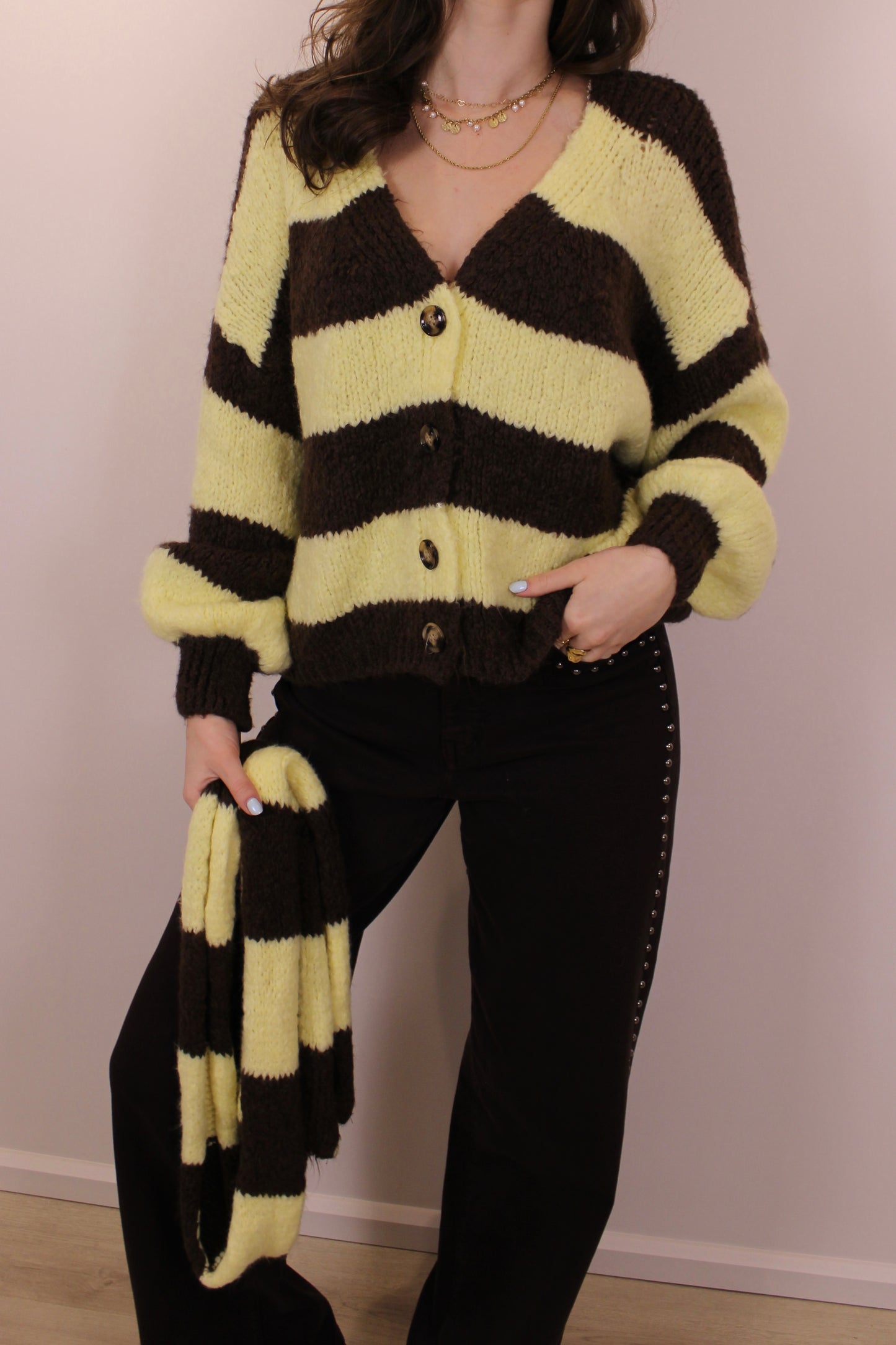 Gestreept vest/trui met sjaaltje - bruin geel