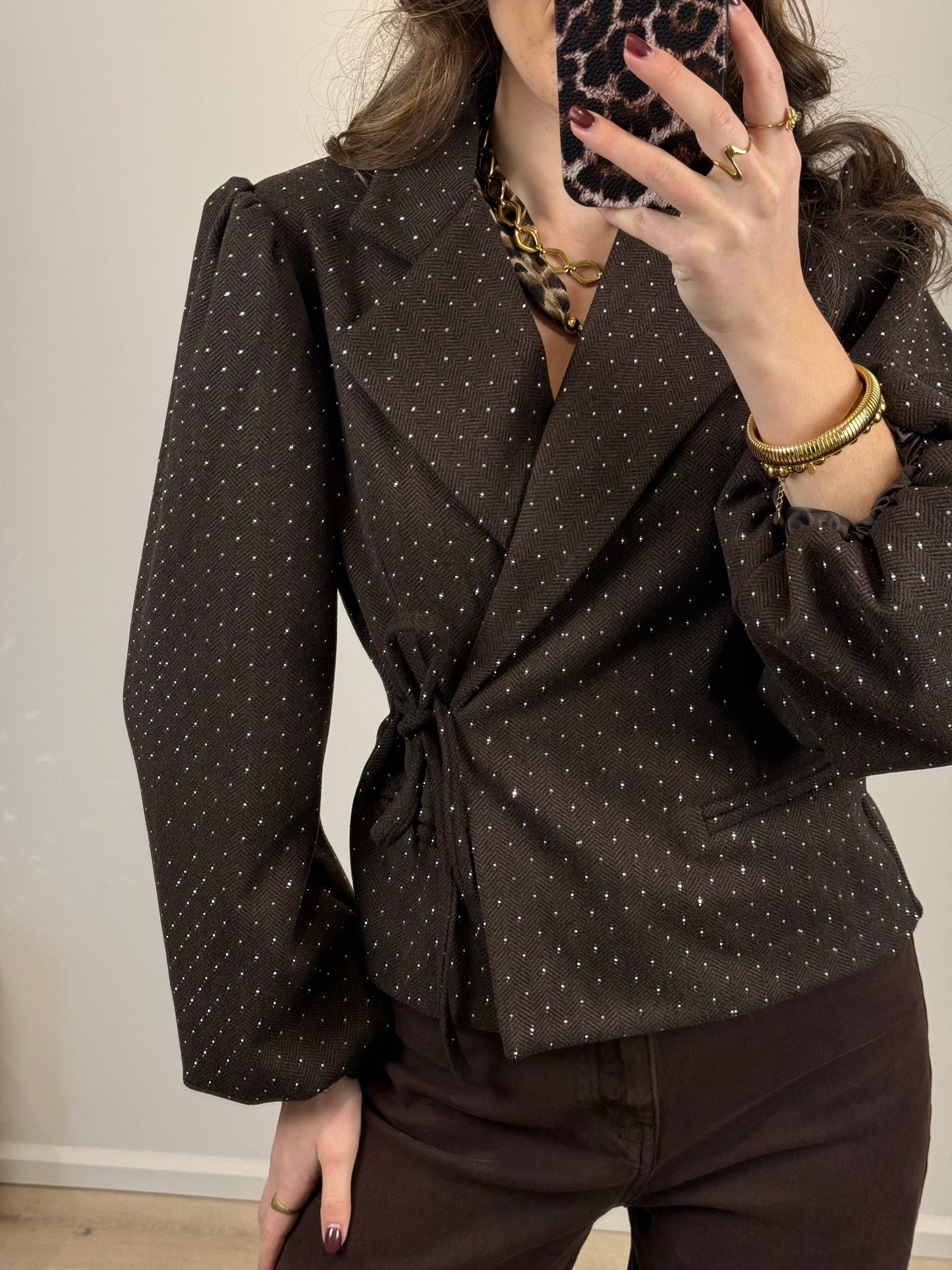 Strik blazer met strass steentjes - bruin