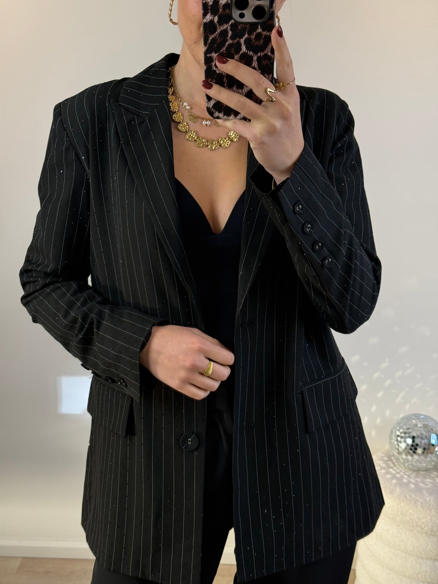 Strass blazer met krijtstreep - zwart