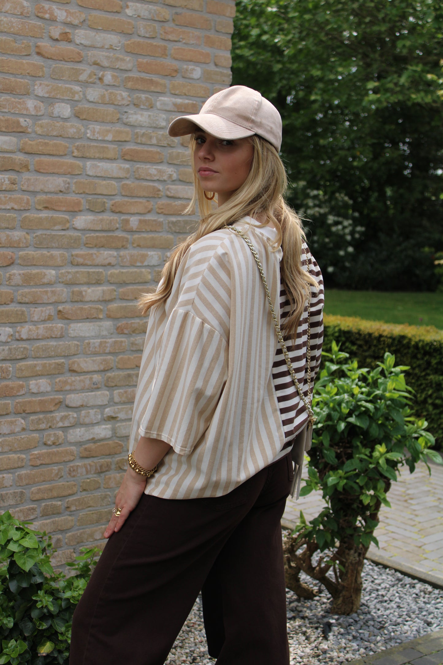 Gestreept studio shirt - beige