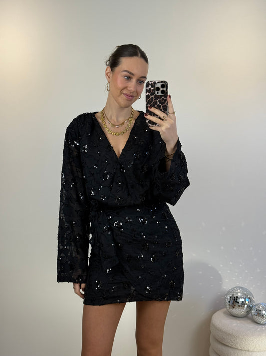 Glitter overslag jurkje - zwart