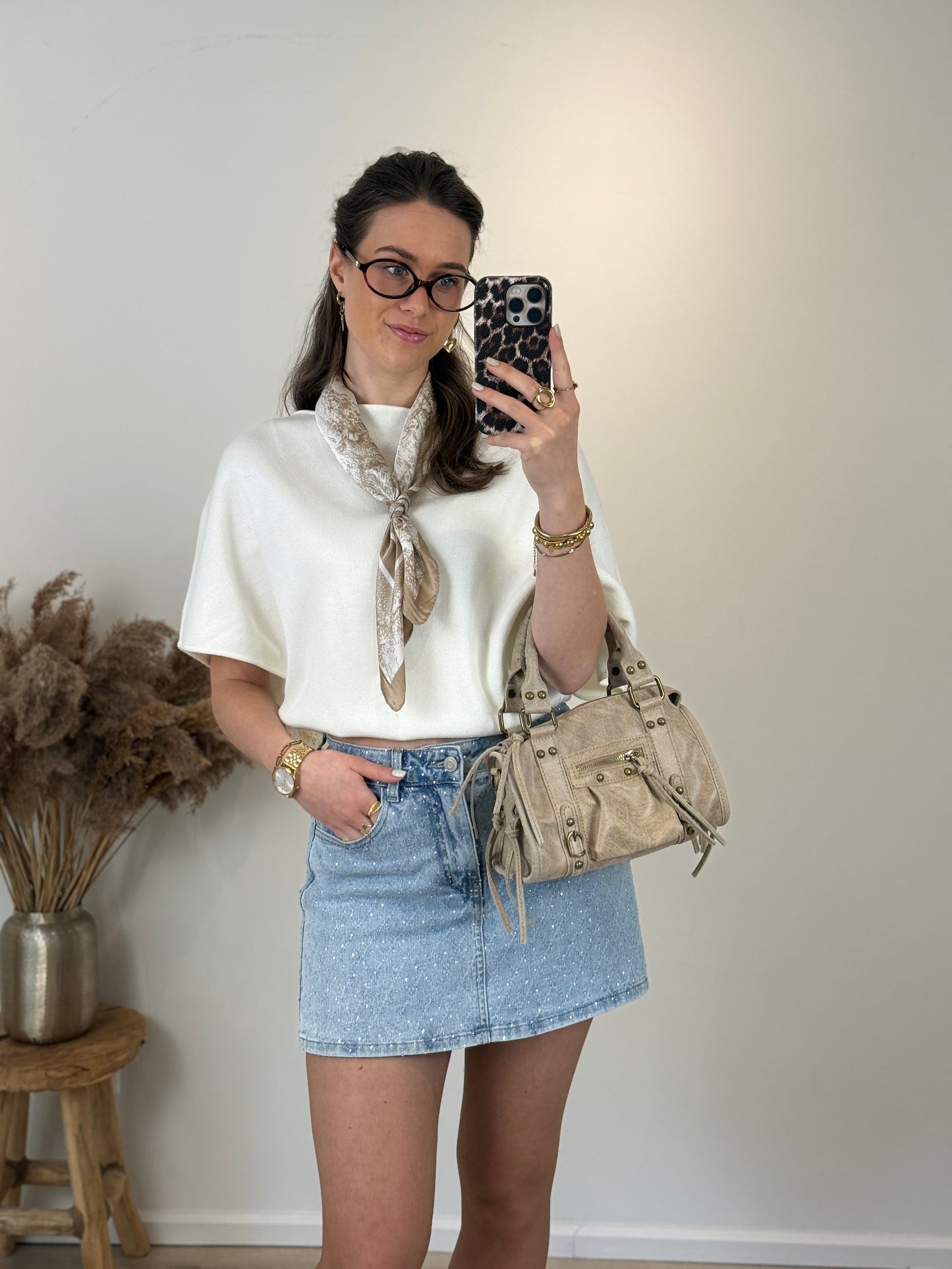 Stretch broekrokje met strass - denim