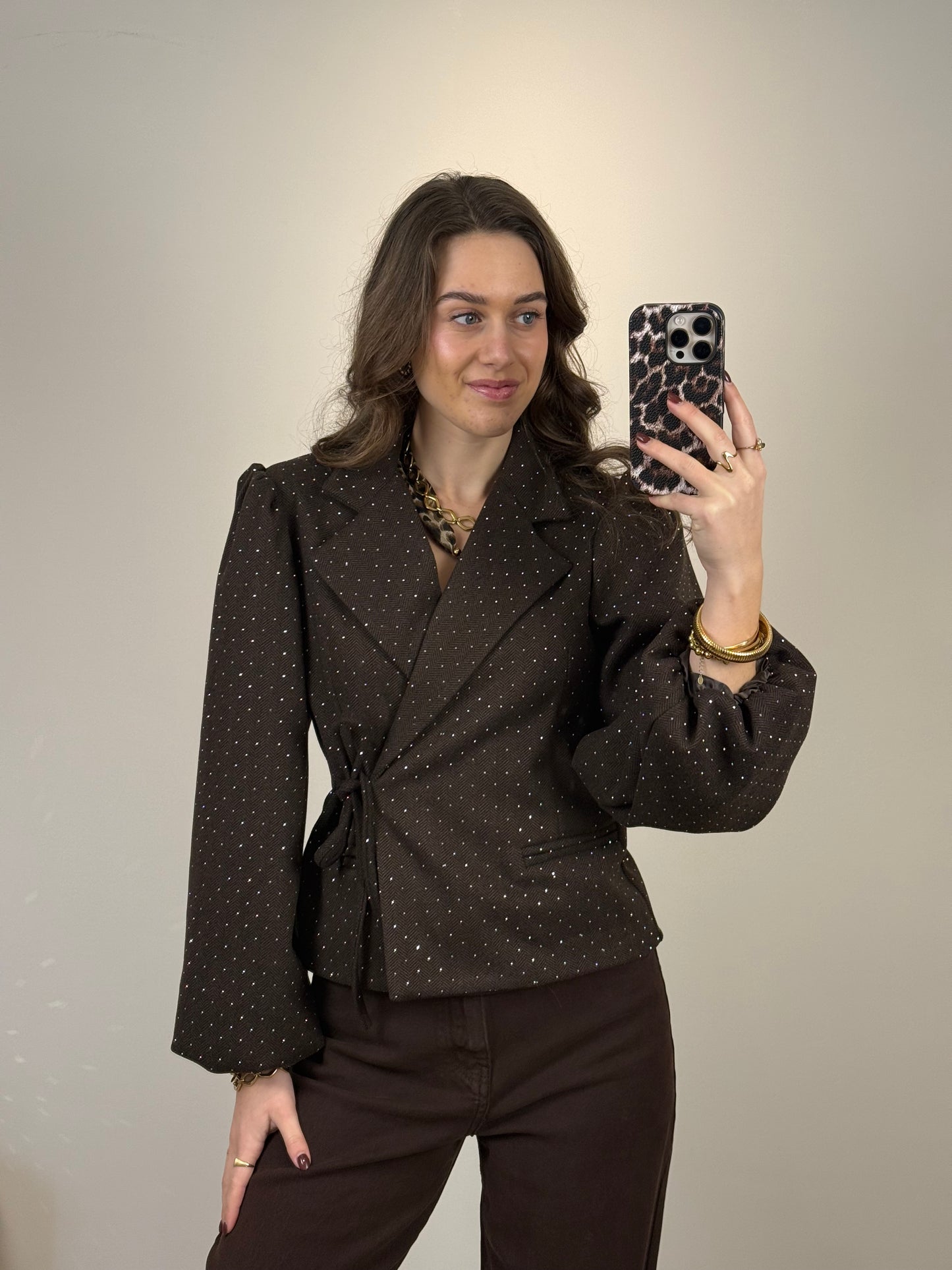 Strik blazer met strass steentjes - bruin