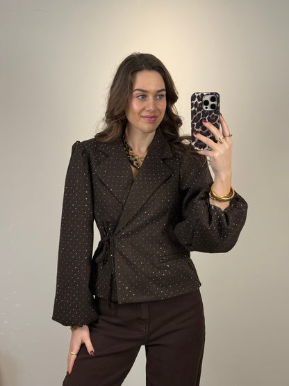 Strik blazer met strass steentjes - bruin