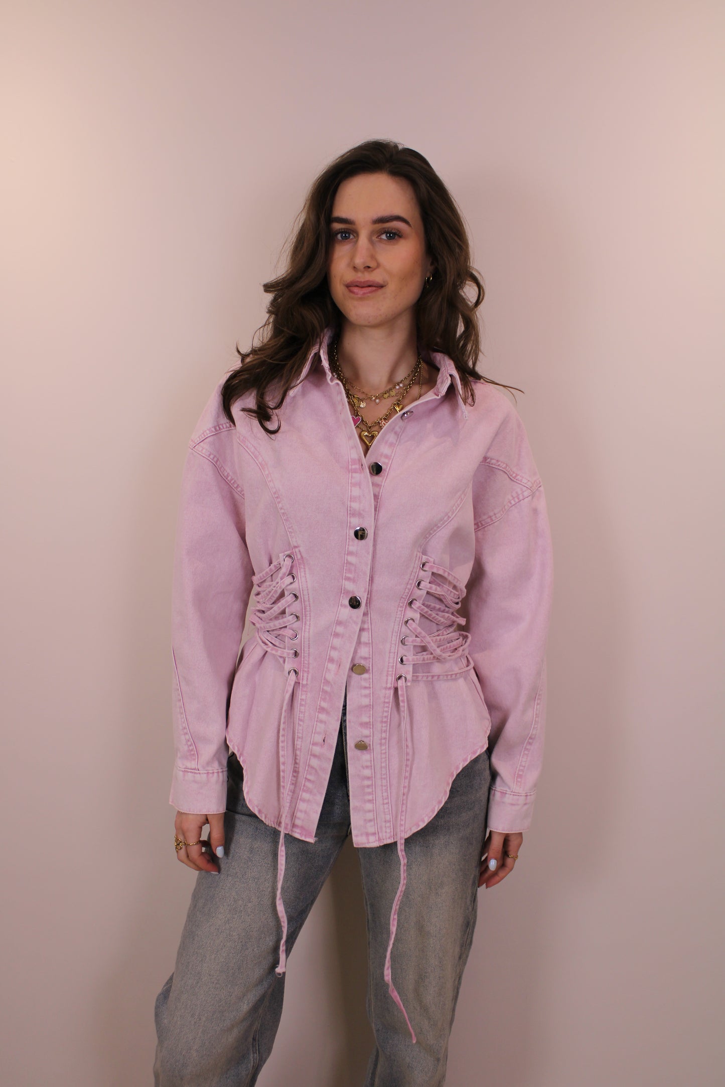 PRE-ORDER Getailleerde denim blouse - roze (wordt 18 feb verzonden)