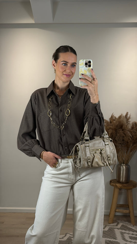 Geruite blouse met elastiek - bruin