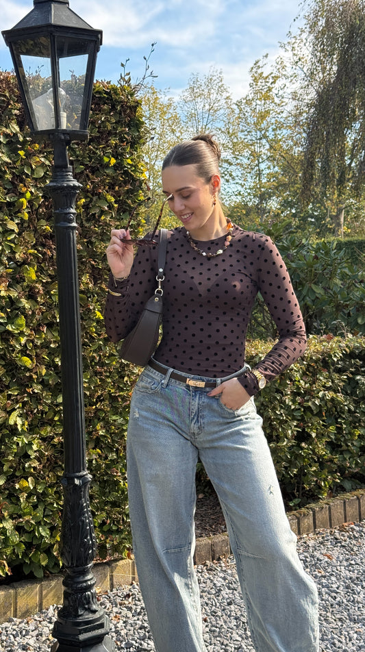 Polkadot mesh top - bruin - At Styles