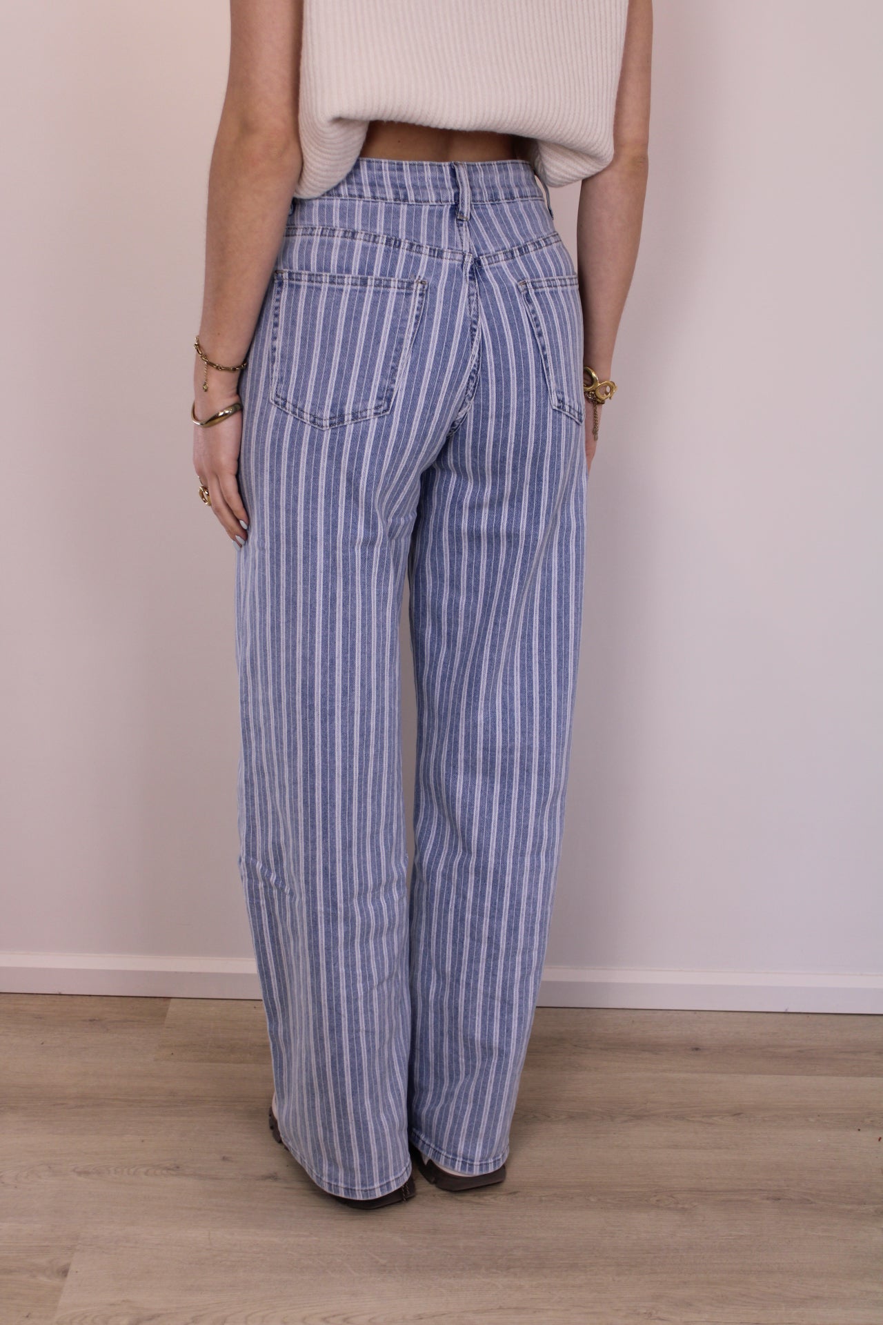 High waist - wide leg stretch jeans met streepjes - denim