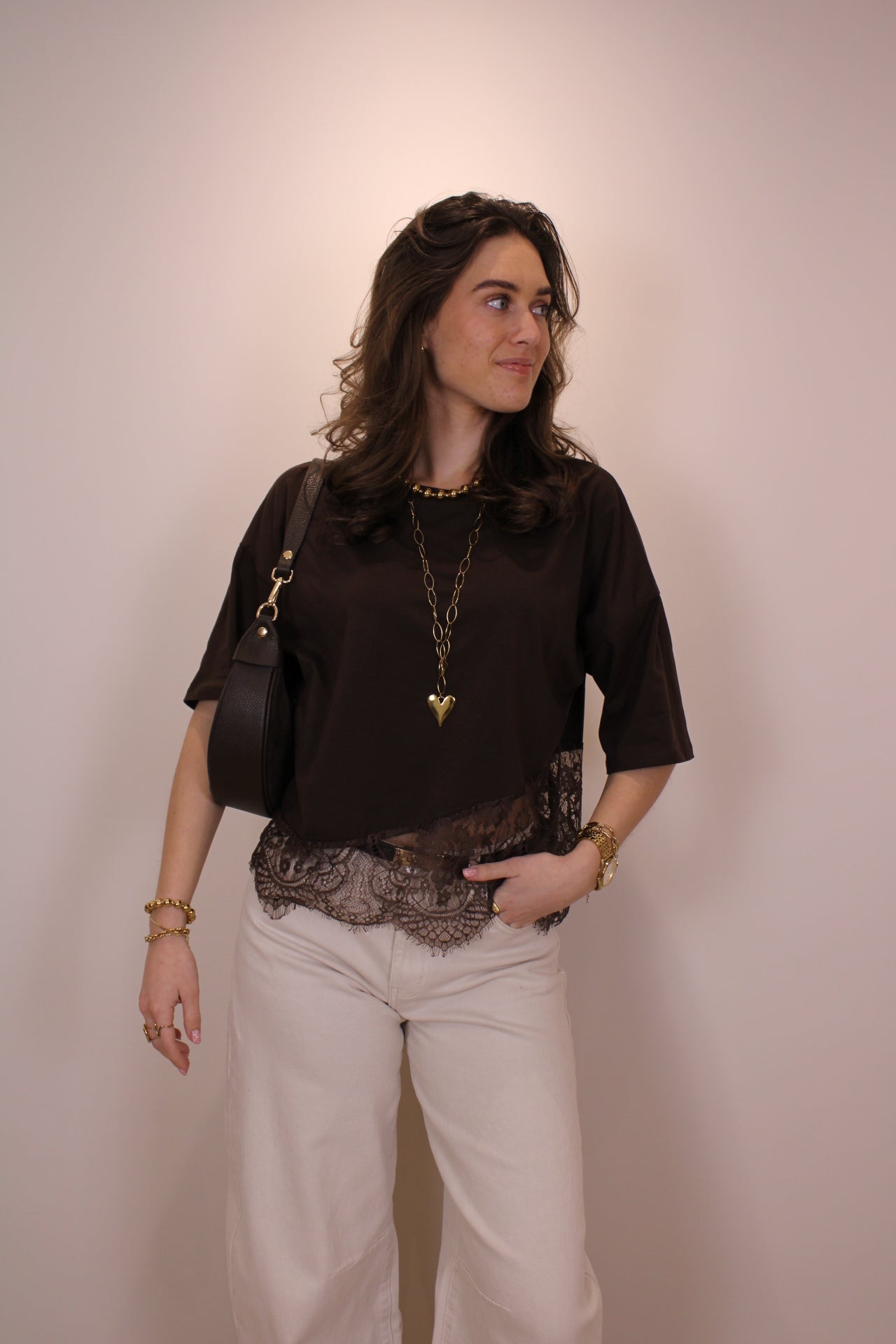 Shirt met kant - bruin