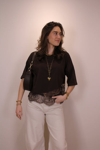 Shirt met kant - bruin