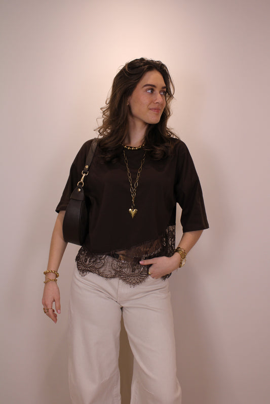 Shirt met kant - bruin