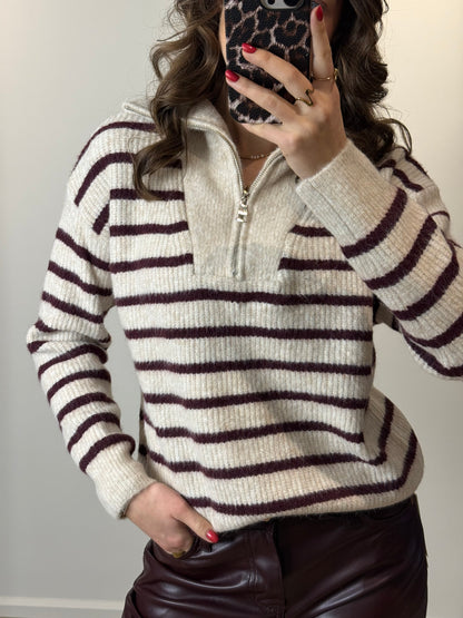 Streepjes zipper trui - bordeaux beige - At Styles