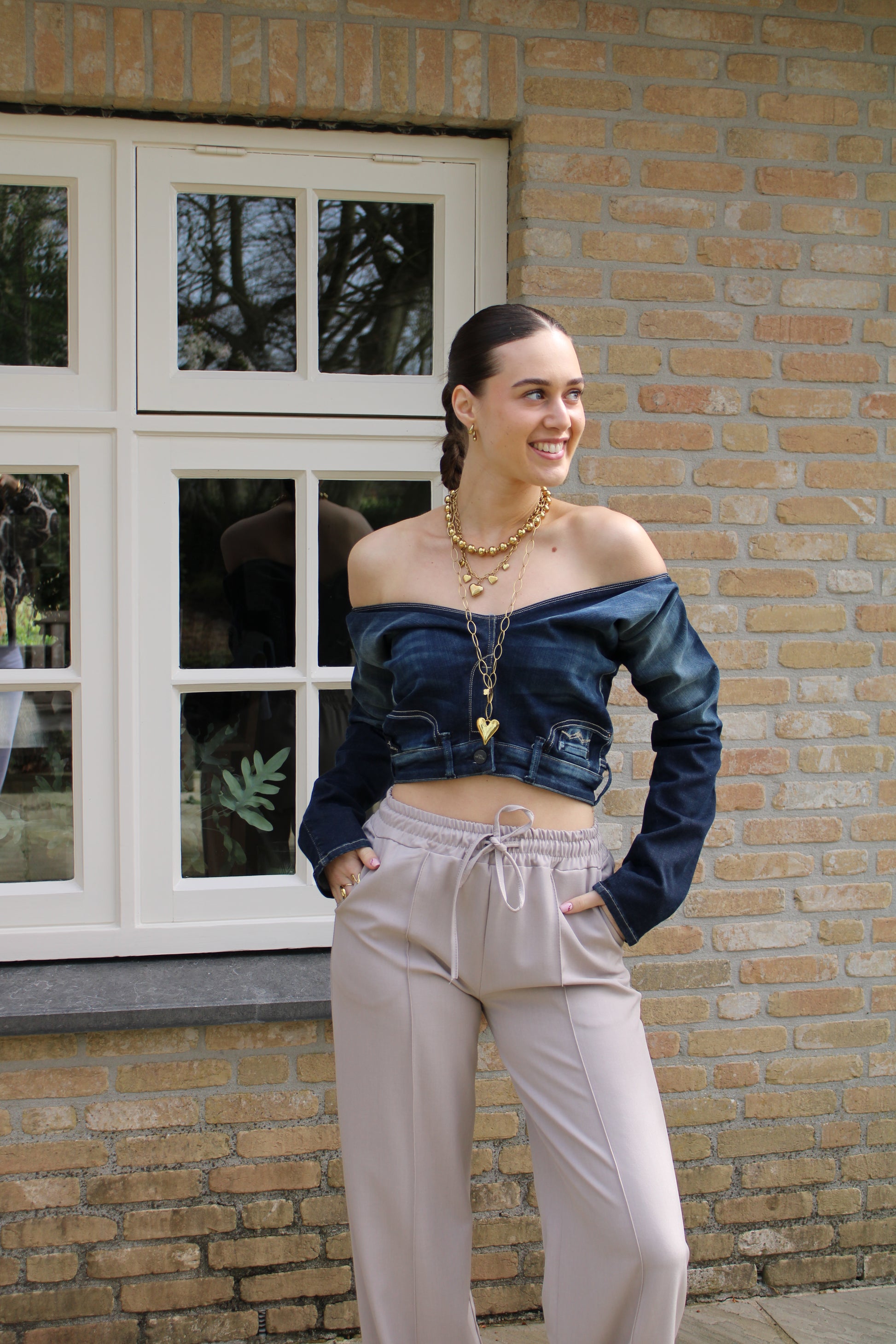Handgemaakte off-shoulder top - denim - At Styles