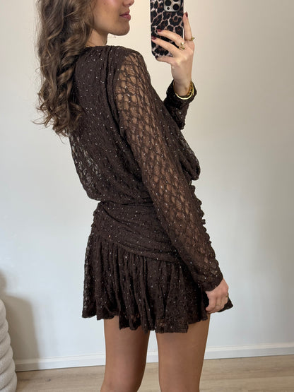 Kanten jurkje met glitters - bruin