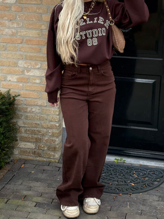 High waist - wide leg jeans - bruin