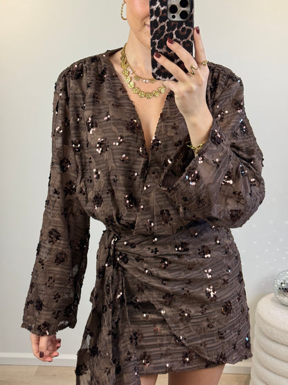 Glitter overslag jurkje - bruin