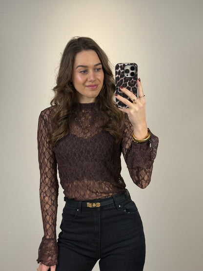 Kanten top met mouwtje - bordeaux / wine red