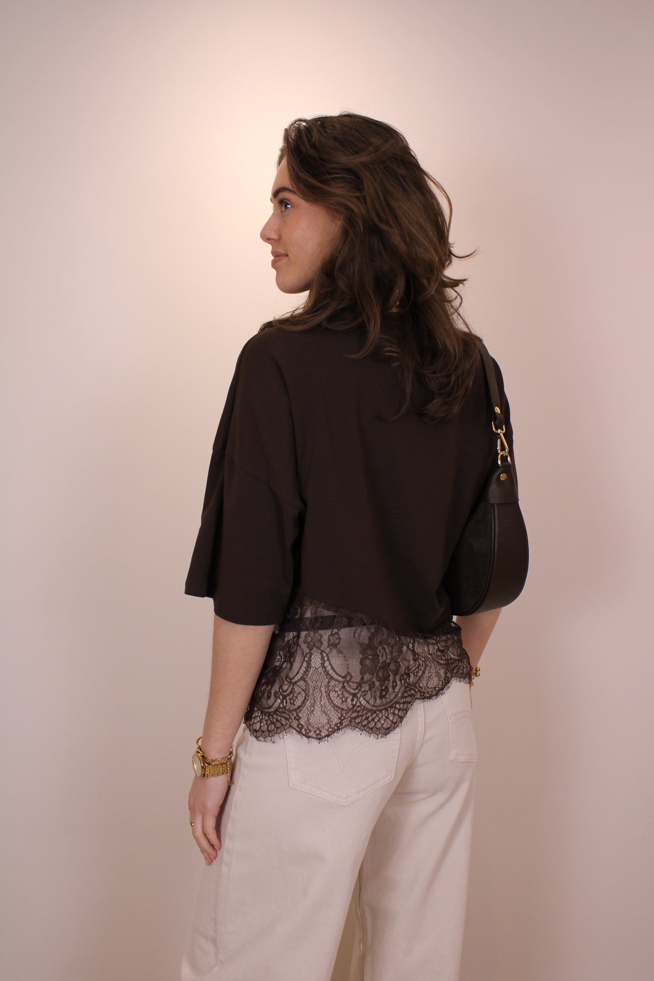 Shirt met kant - bruin