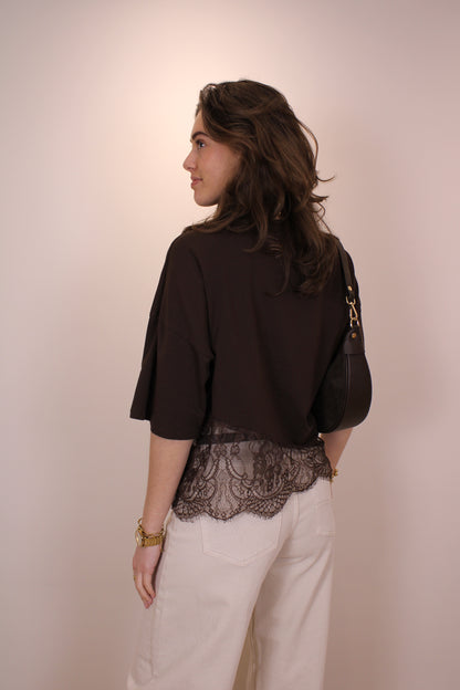 Shirt met kant - bruin
