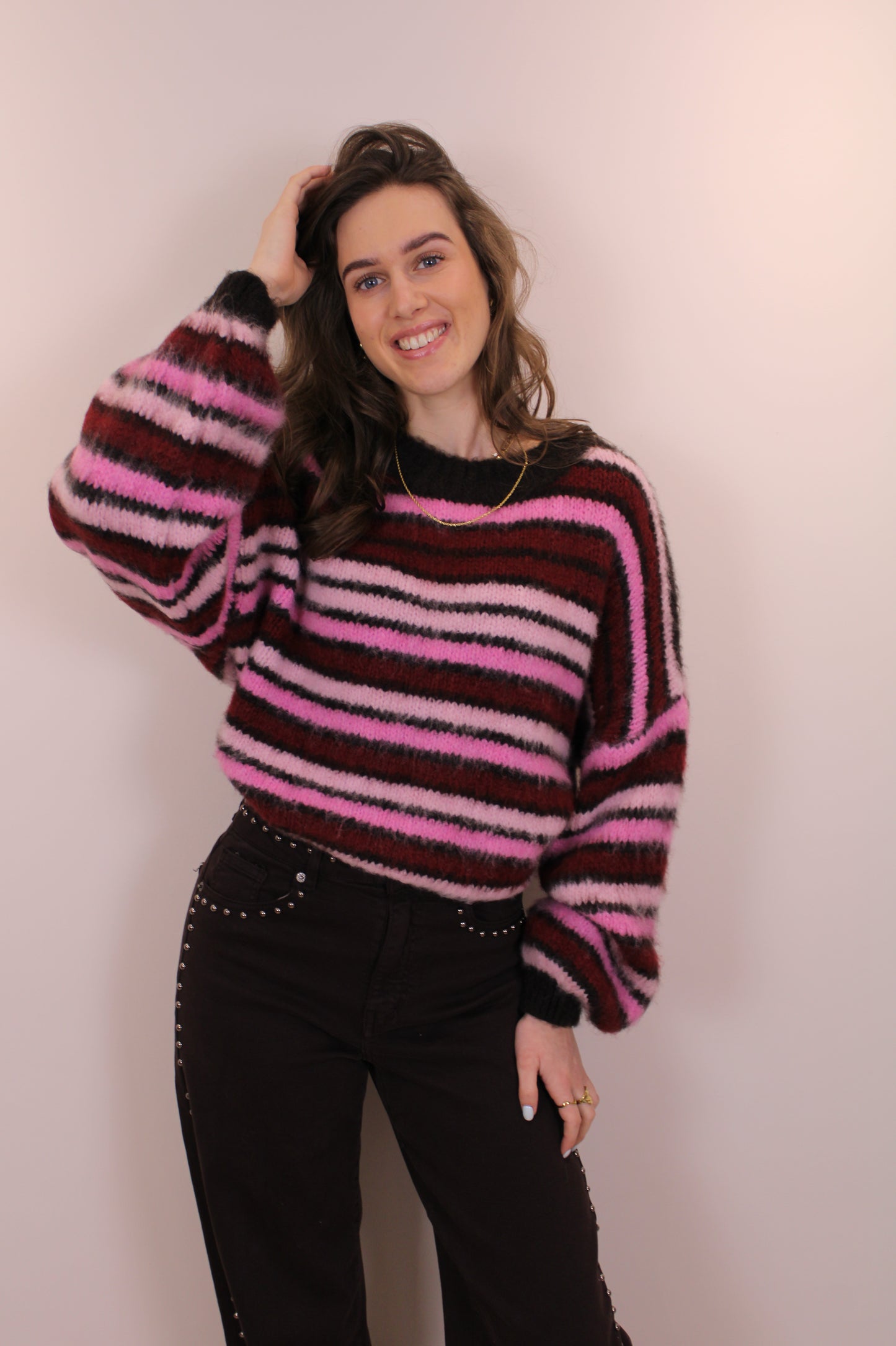 Gestreepte trui - bruin/roze/bordeaux