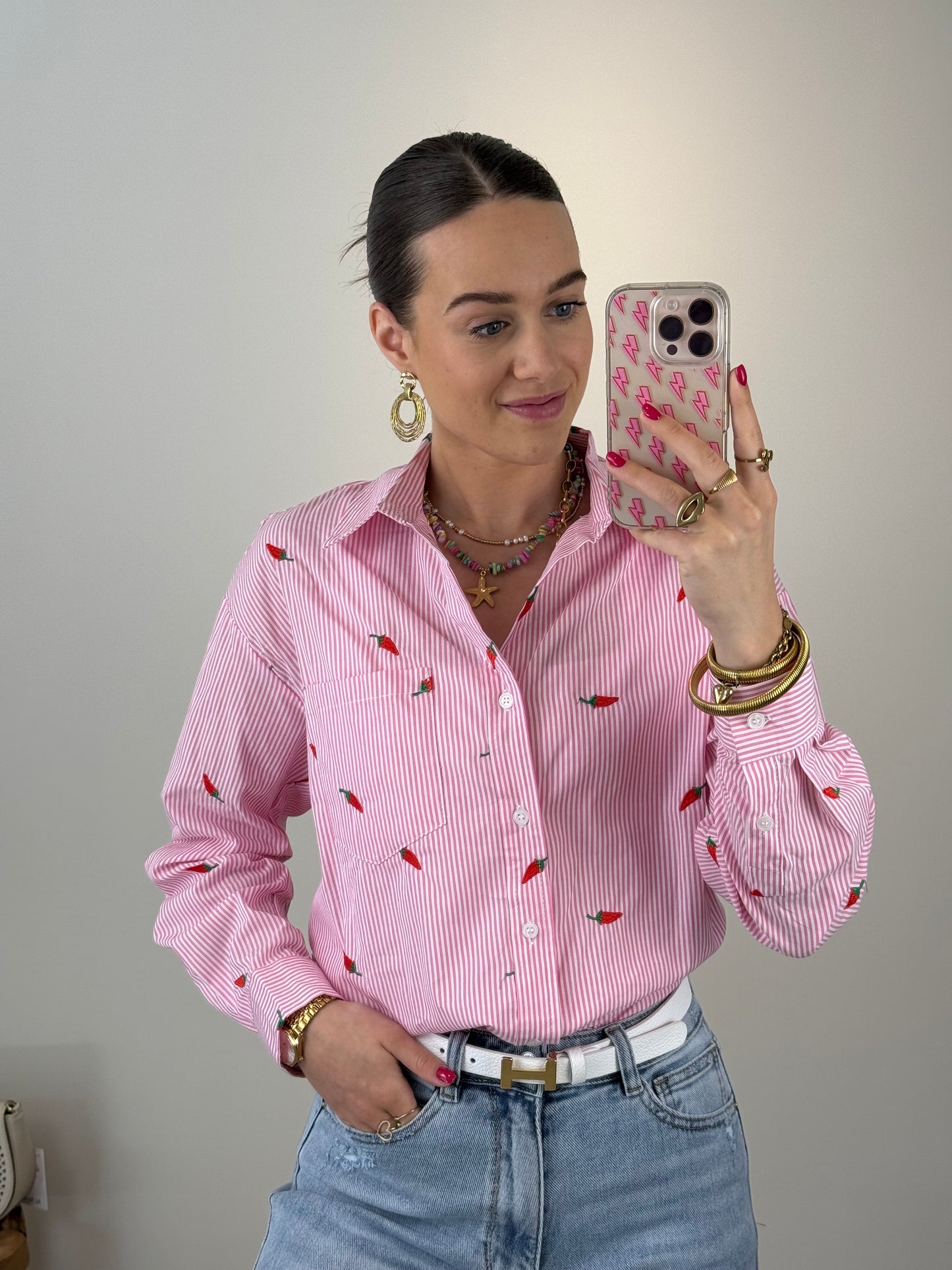Gestreepte blouse met pepers - roze