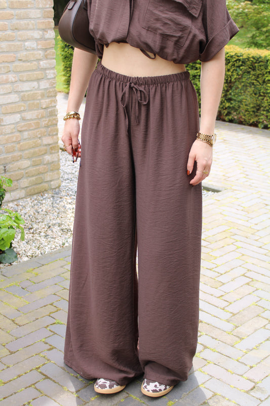 Wide leg broek met elastiek - bruin