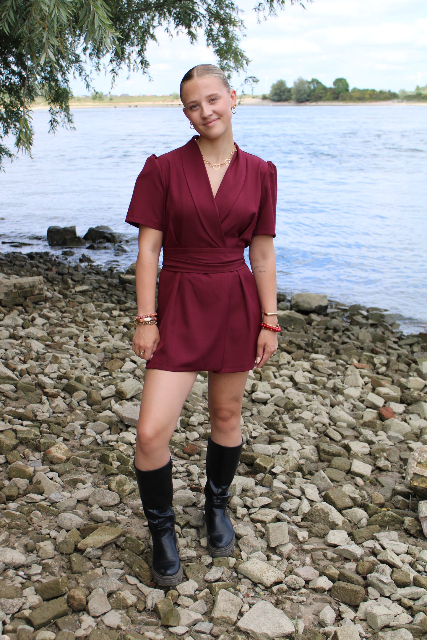 Blazer playsuit met ceintuur - bordeaux