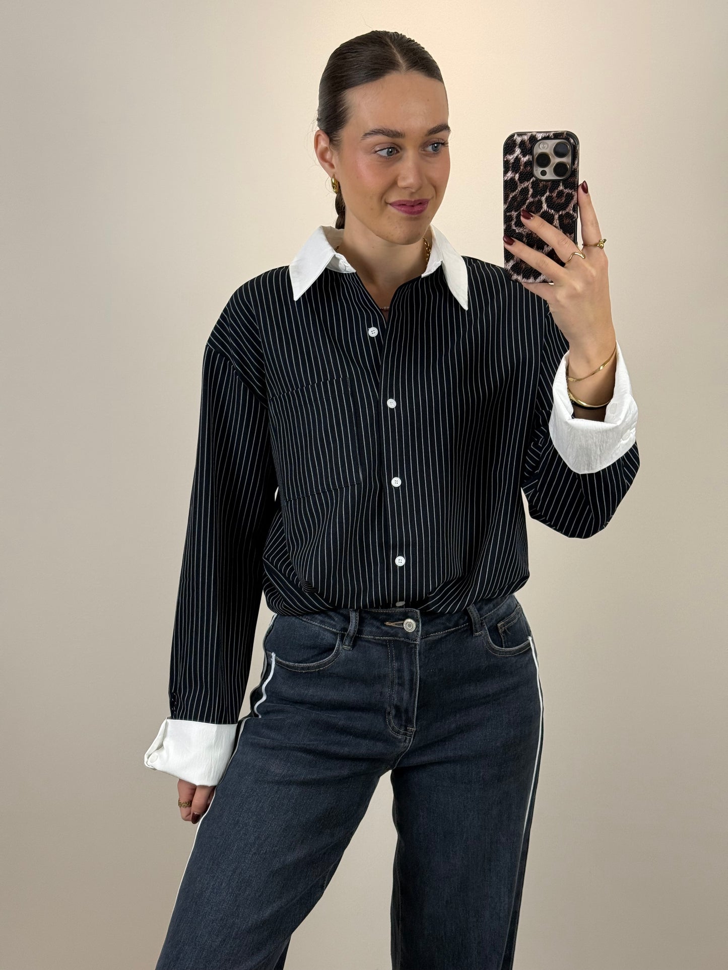 Gestreepte blouse met witte details - navy