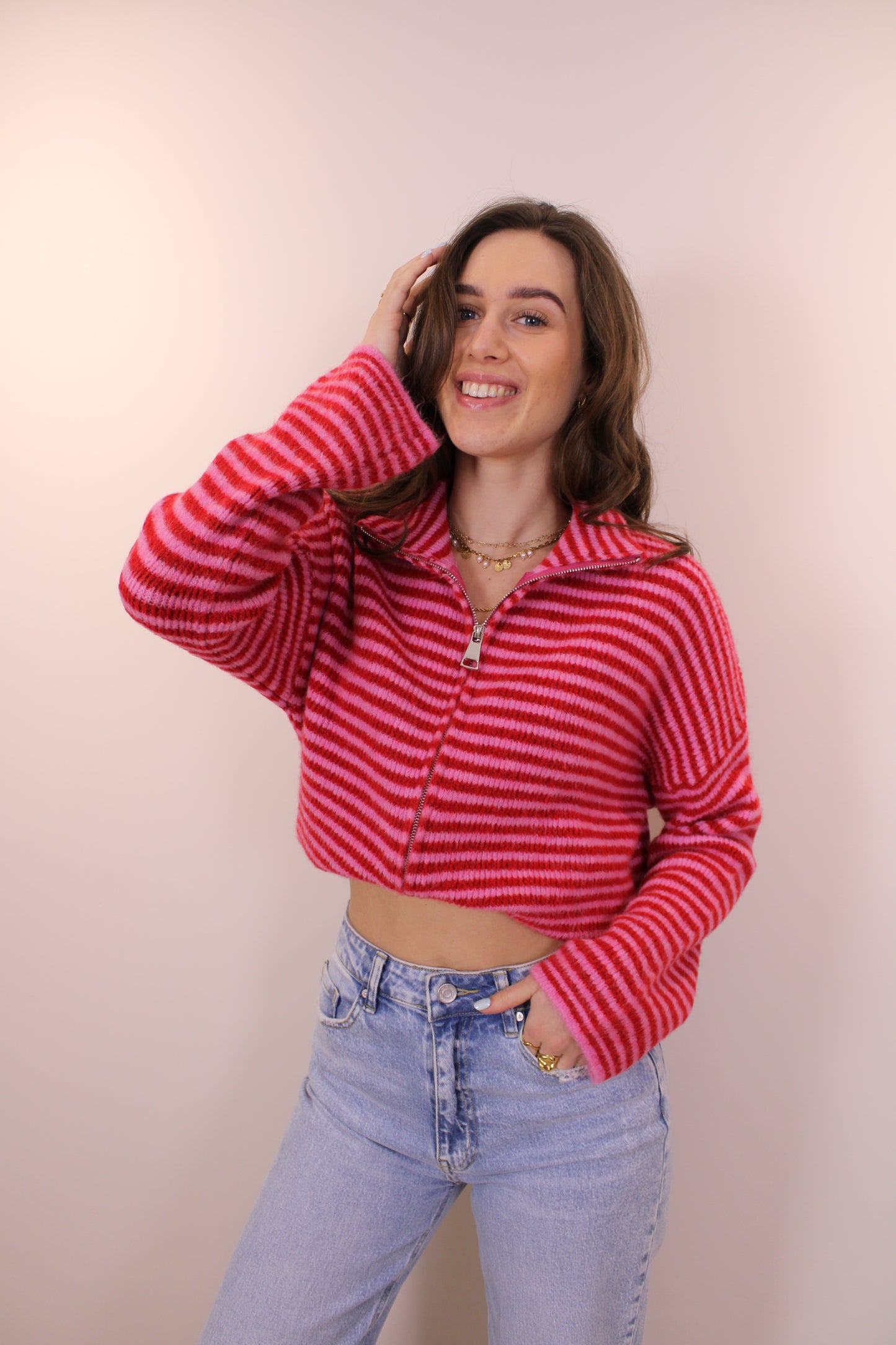 Gestreepte trui/vest met rits - roze/rood