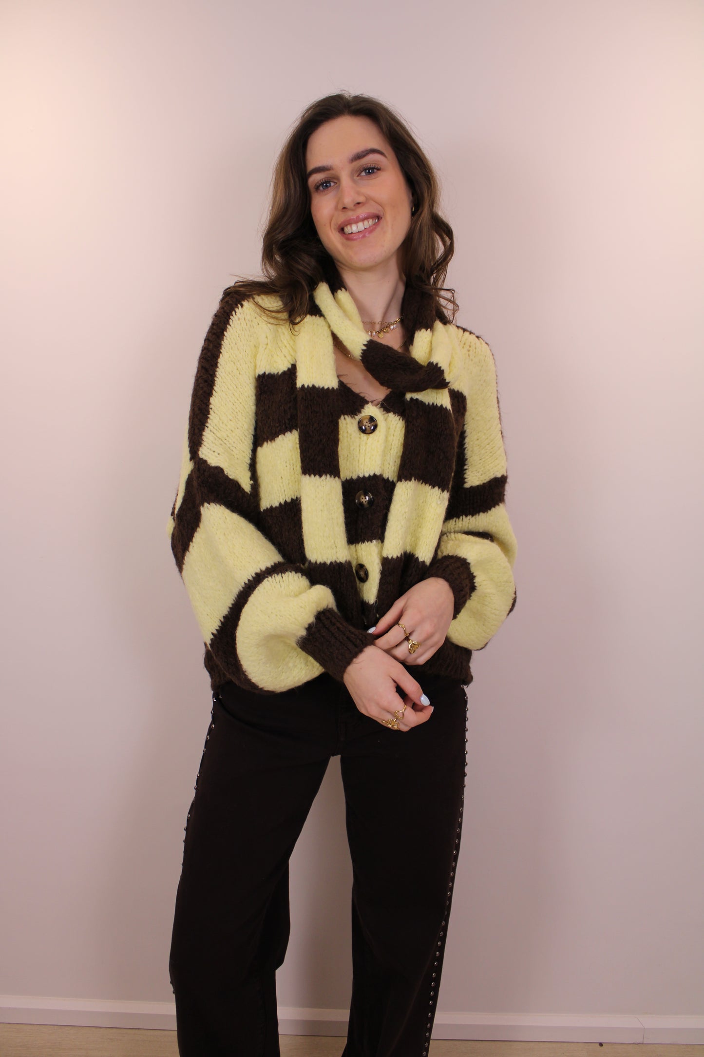 Gestreept vest/trui met sjaaltje - bruin geel