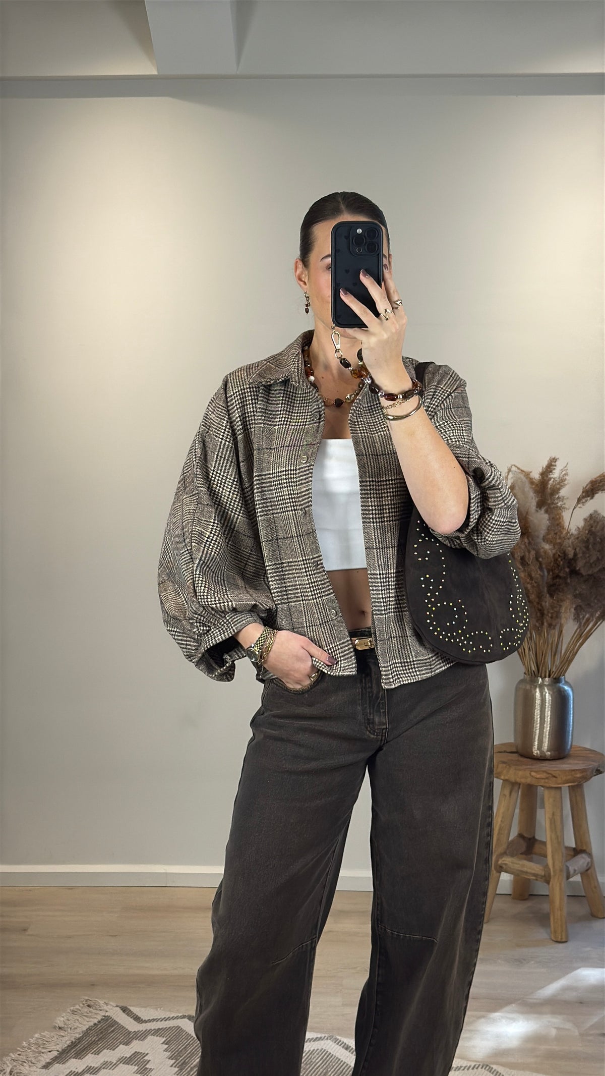 Geruite blouse - bruin