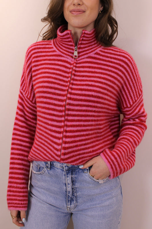 Gestreepte trui/vest met rits - roze/rood