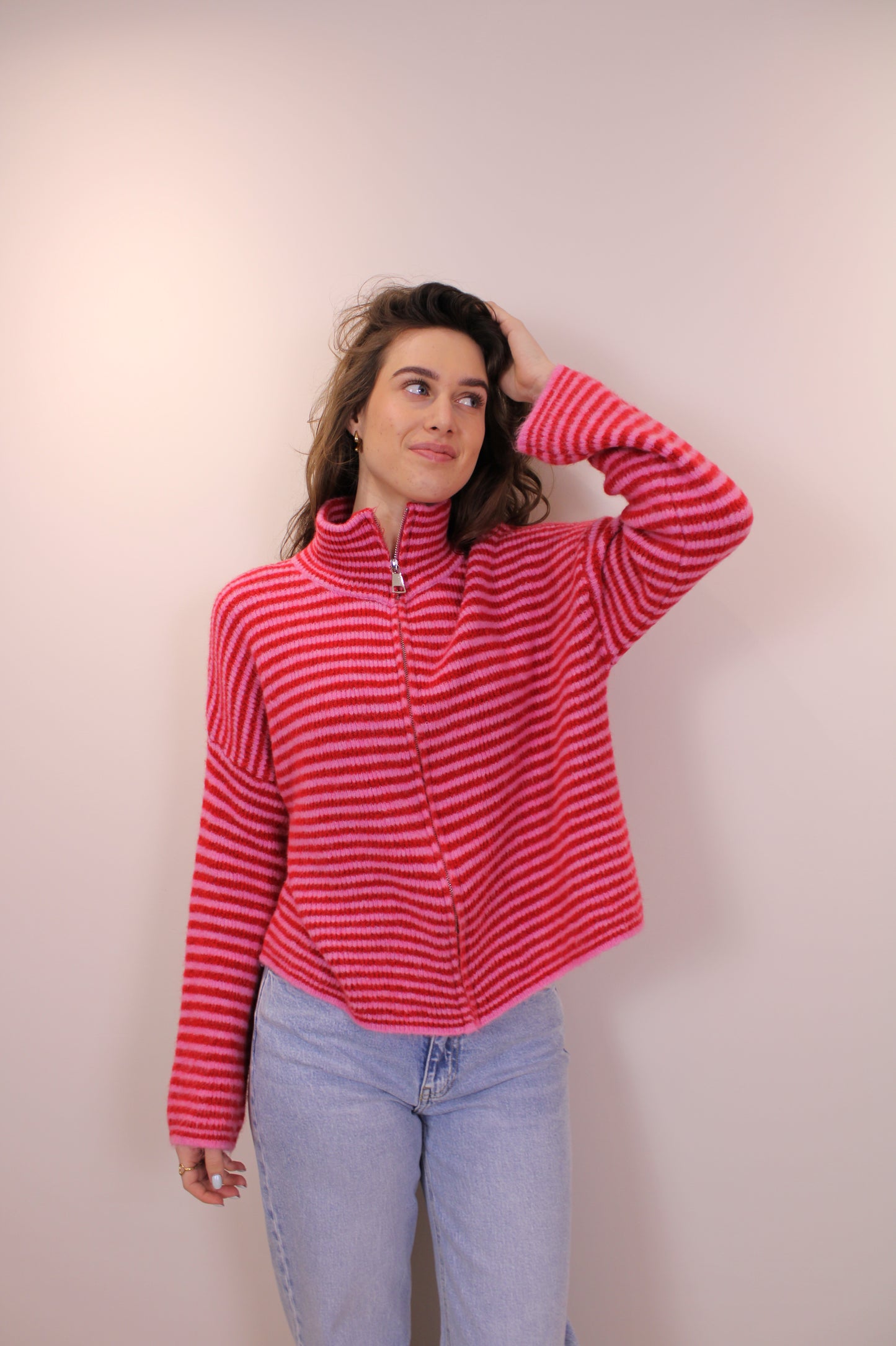 Gestreepte trui/vest met rits - roze/rood