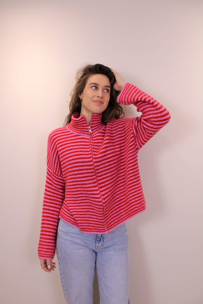 Gestreepte trui/vest met rits - roze/rood