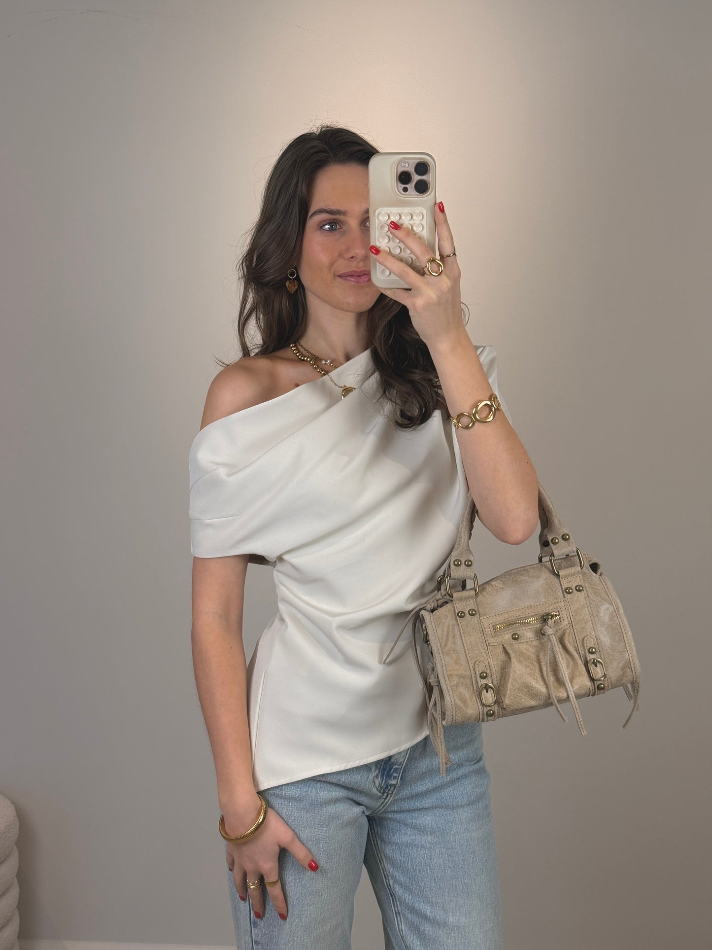 Asymmetrisch one shoulder top - creme