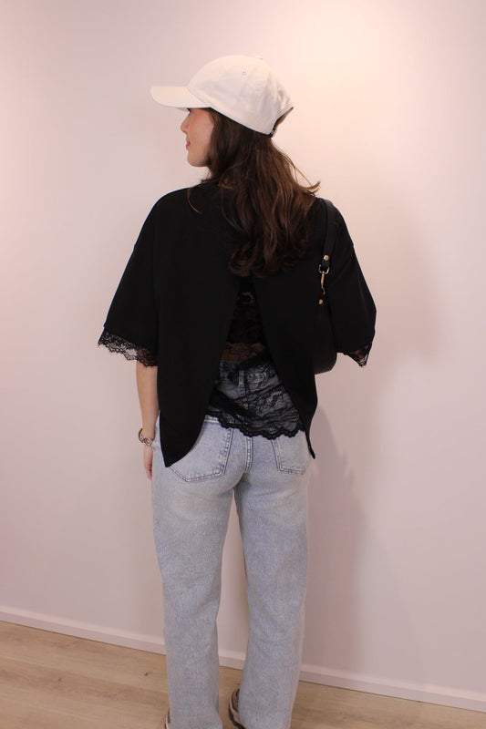 Split shirt met kant - zwart