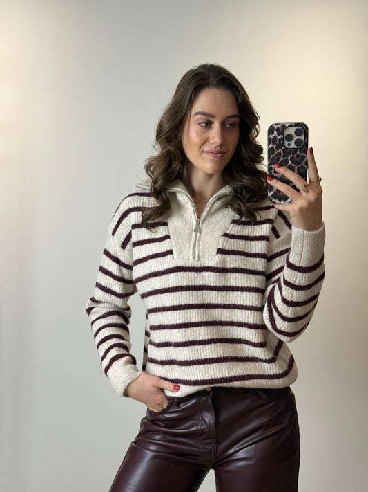 Streepjes zipper trui - bordeaux beige