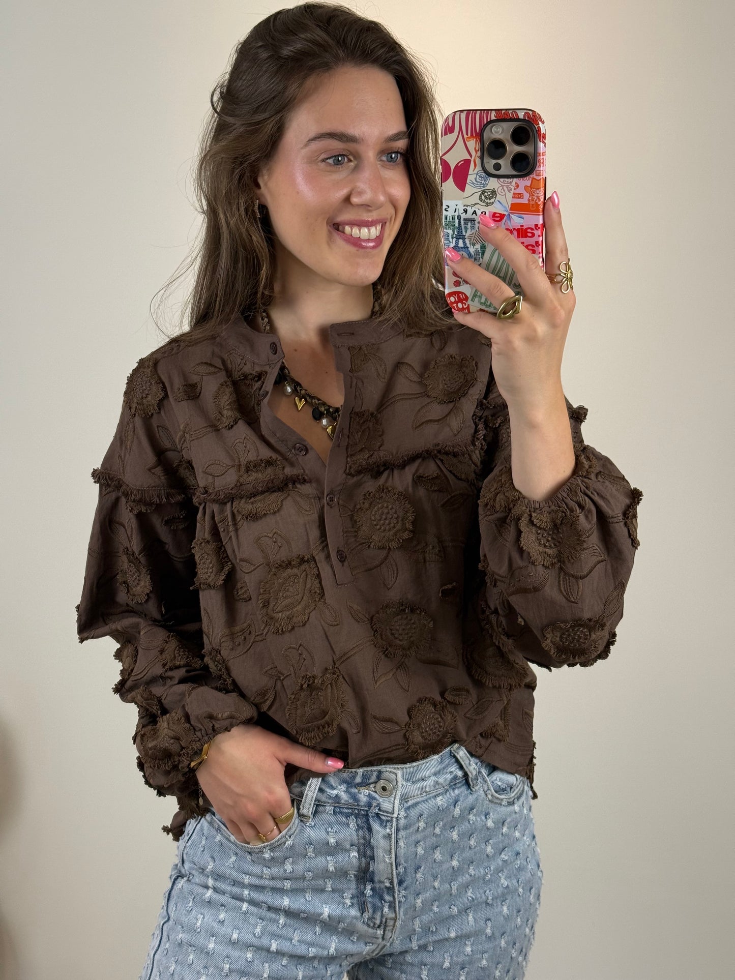 Blouse met bloemen - bruin