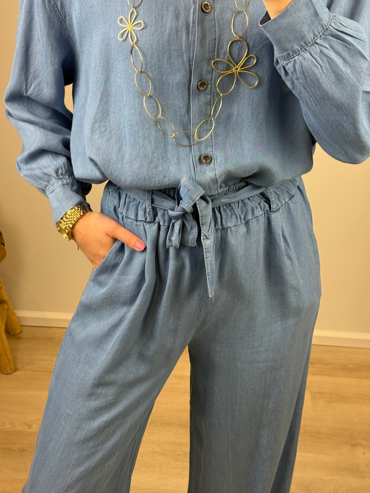 Losvallende broek met elastiek - denim
