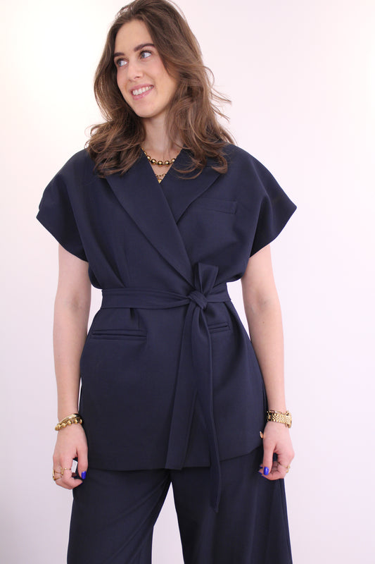 Boxy gilet met riem - donkerblauw