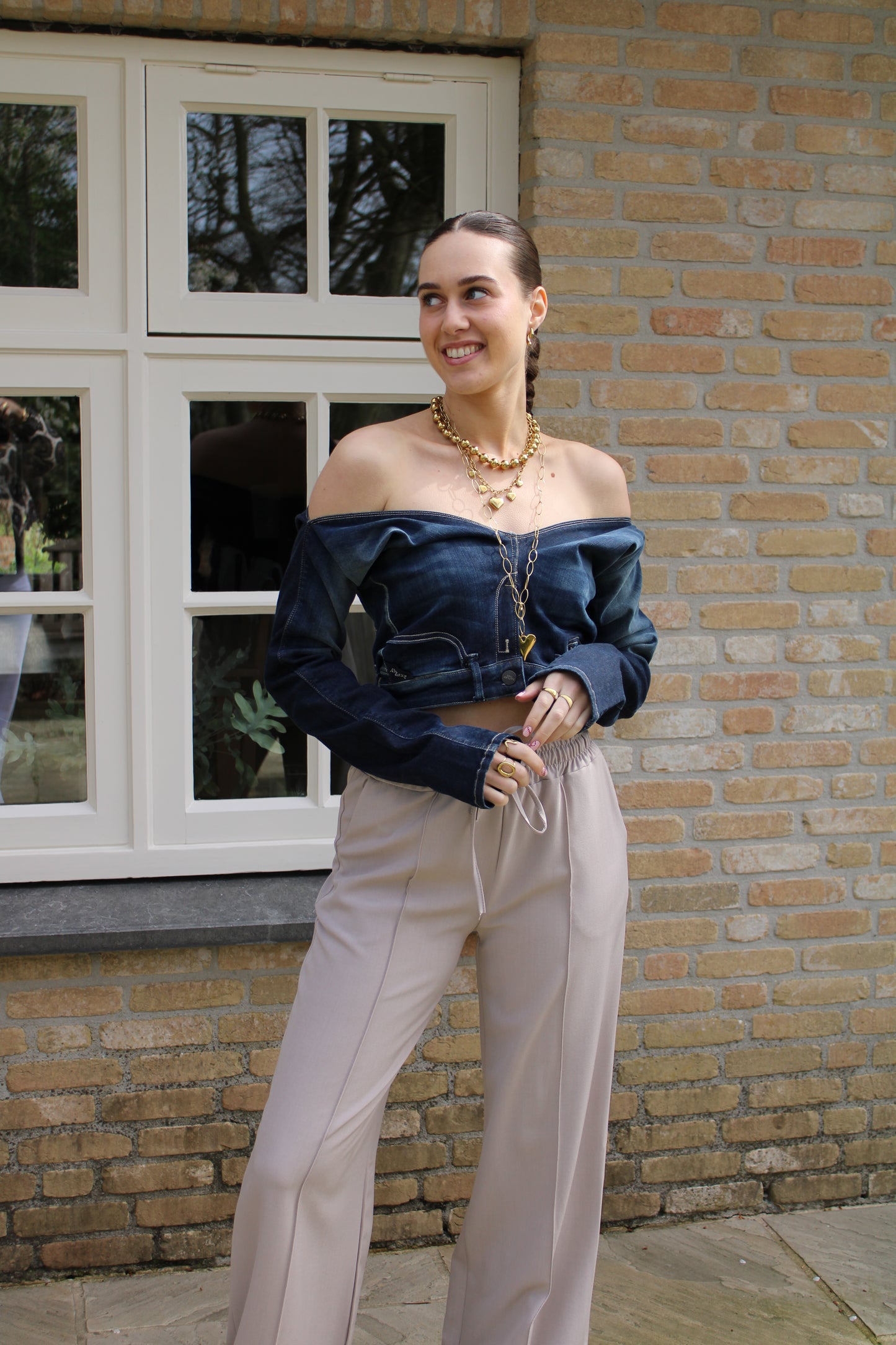 Handgemaakte off-shoulder top - denim - At Styles