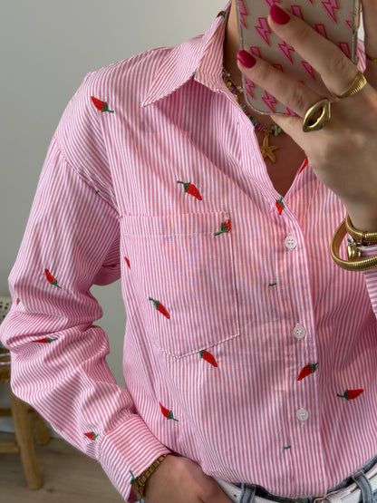 Gestreepte blouse met pepers - roze