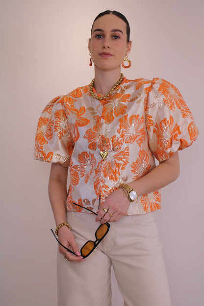 Bloemen top pofmouw - oranje - At Styles